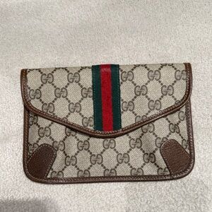 Gucci Beige Monogram Pouch with Red and Green Stripe
